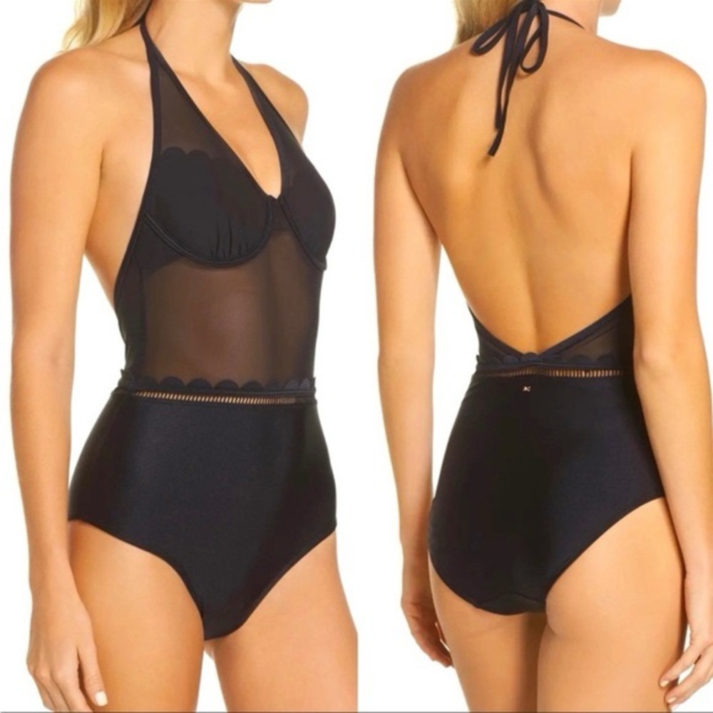 New! Ted Baker Scallop Mesh Swimsuit Black